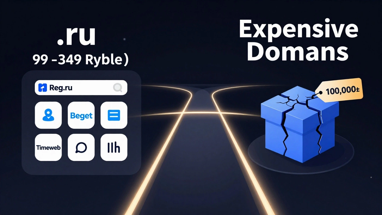 Цифровой мост между доступными доменами .ru и дорогими аукционными именами, без текста.