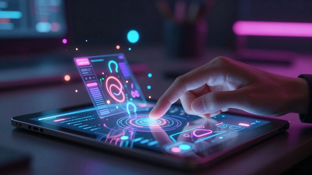 Дизайнер использует AI-инструменты, сияющие цифровые элементы интерфейса.