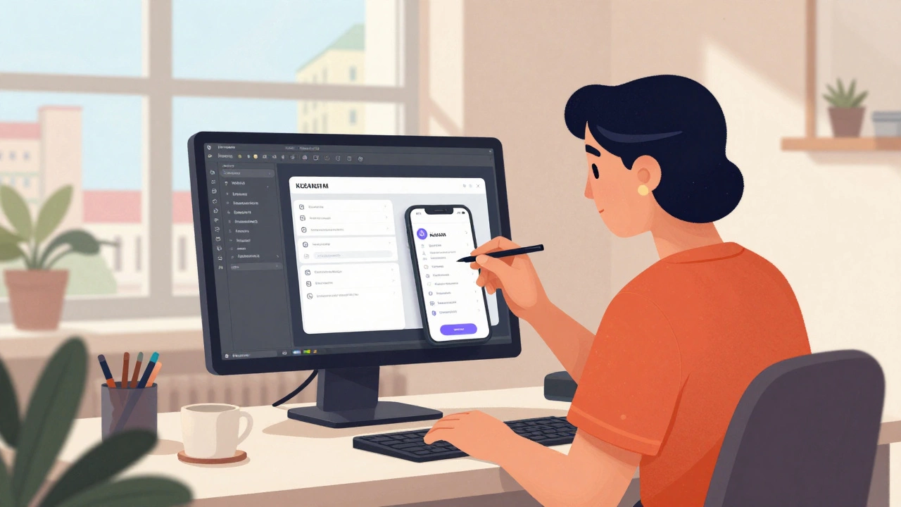 Дизайнер в Казани создает мобильный интерфейс в Figma, городской пейзаж за окном.