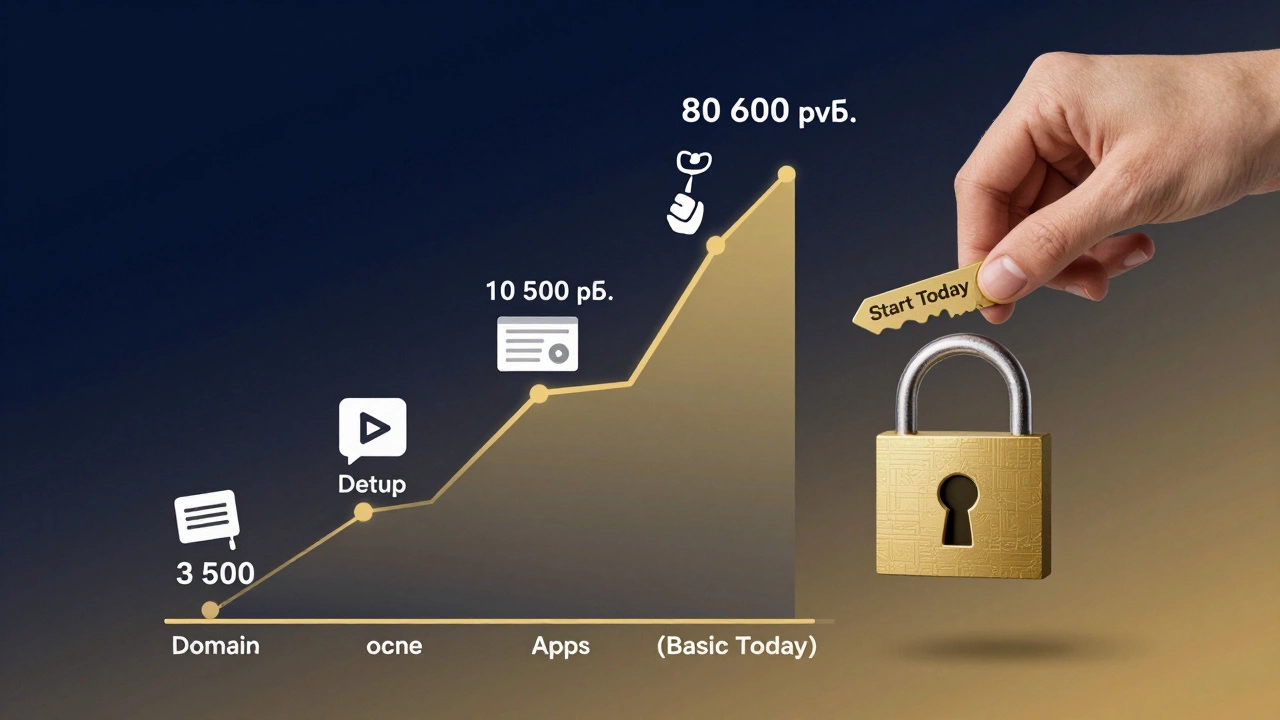 График расходов на запуск Shopify-магазина в России: от старта до ежемесячных затрат, с ключевыми компонентами и надписью 'Начни сегодня'.