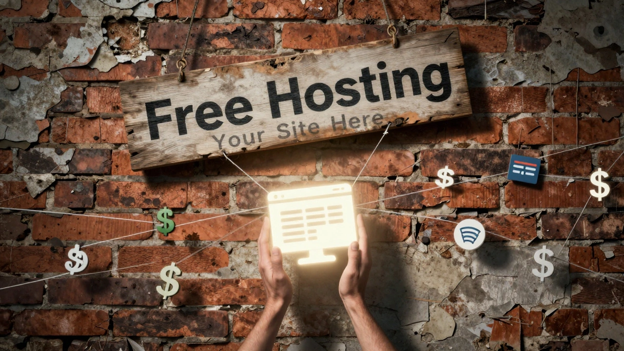 Хрупкая табличка 'Бесплатный хостинг' на разрушающейся стене, тянущаяся к рекламным знакам.