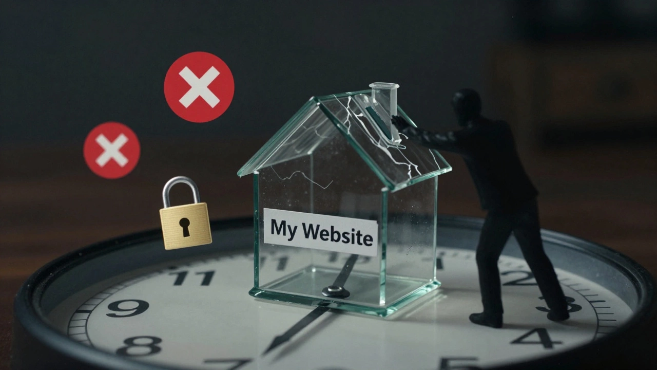 Хрупкий домик сайта на часах, рядом предупреждения об истечении срока и потере домена.