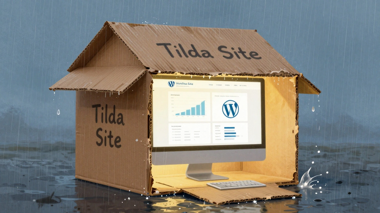 Картонный дом 'Тильда' тает под дождем, а настоящий сайт на WordPress остается прочным и функциональным.