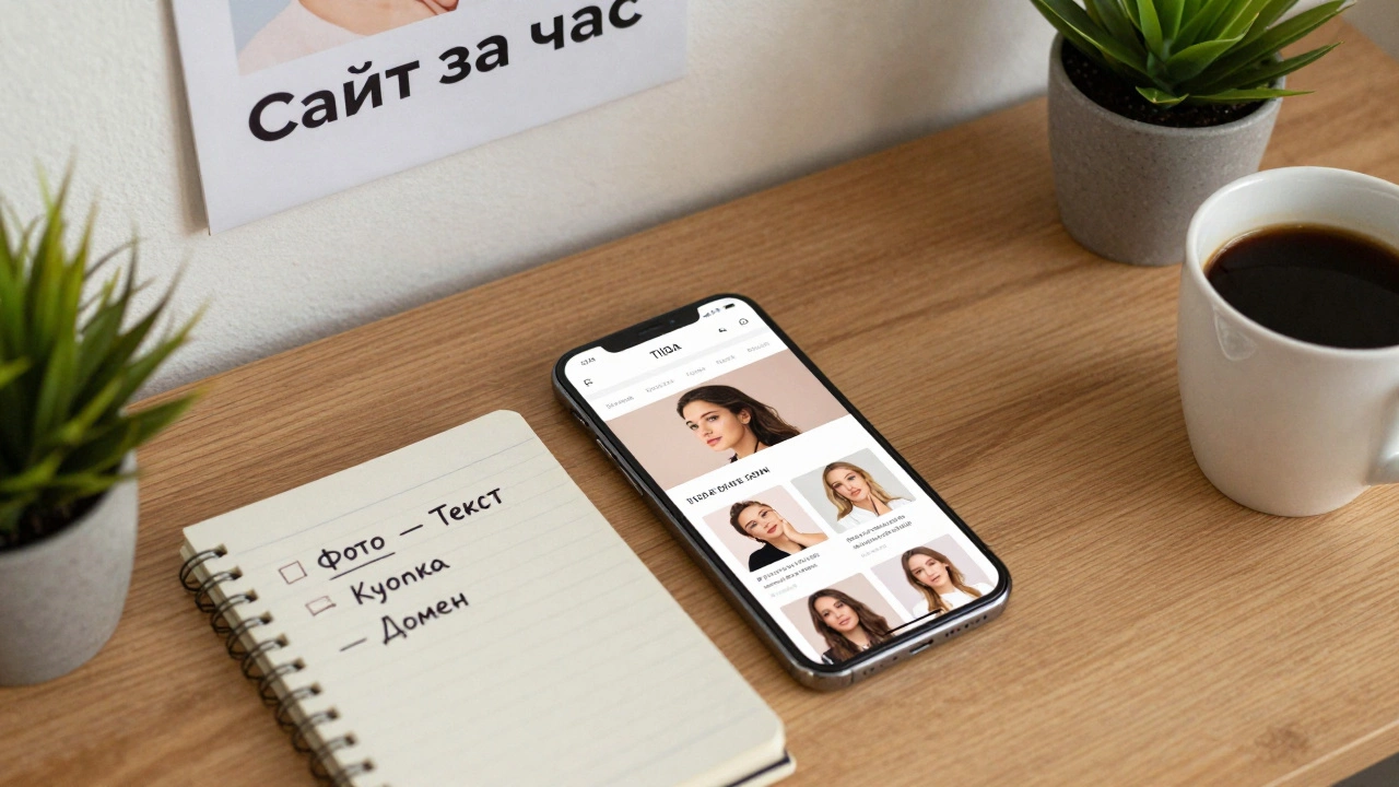 На деревянном столе смартфон с сайтом, записка с чек-листом и чашка кофе — все для создания сайта за час.