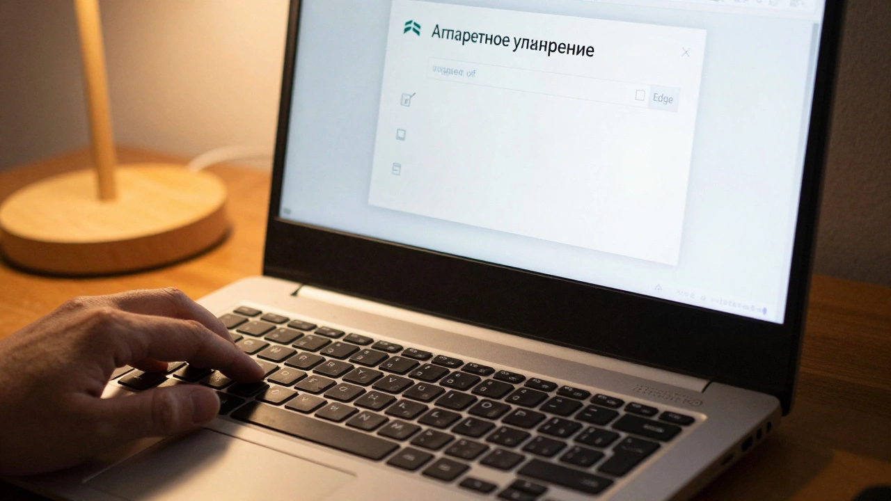 Пользователь отключает аппаратное ускорение в настройках Edge на старом ноутбуке.