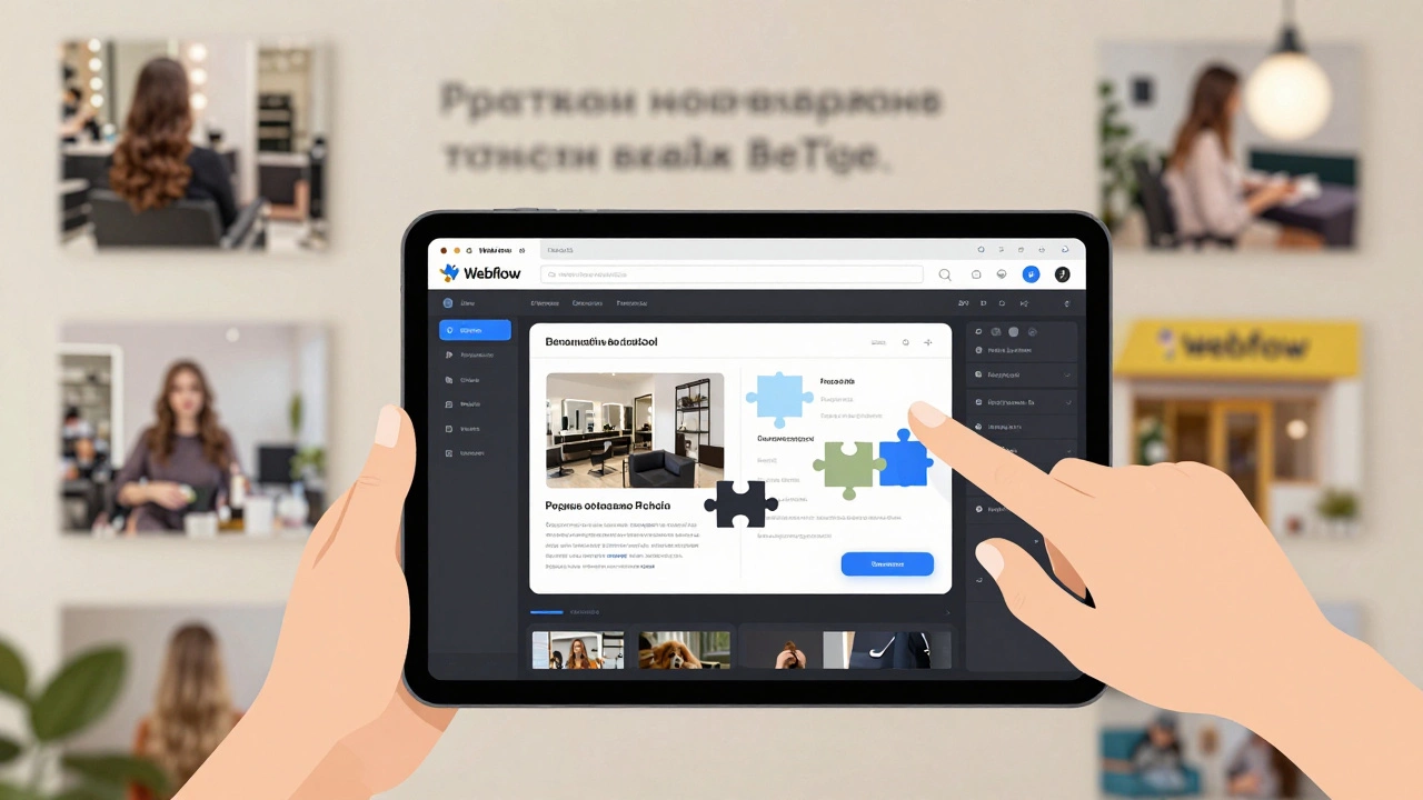 Рукой перетаскиваются элементы в Webflow, на фоне — реальные сайты малого бизнеса в России.