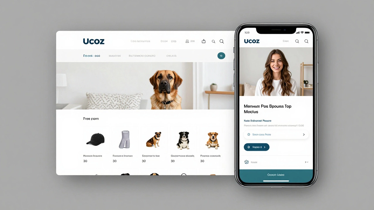 Сравнение интерфейса Ucoz и сайта на телефоне с магазином товаров для собак.