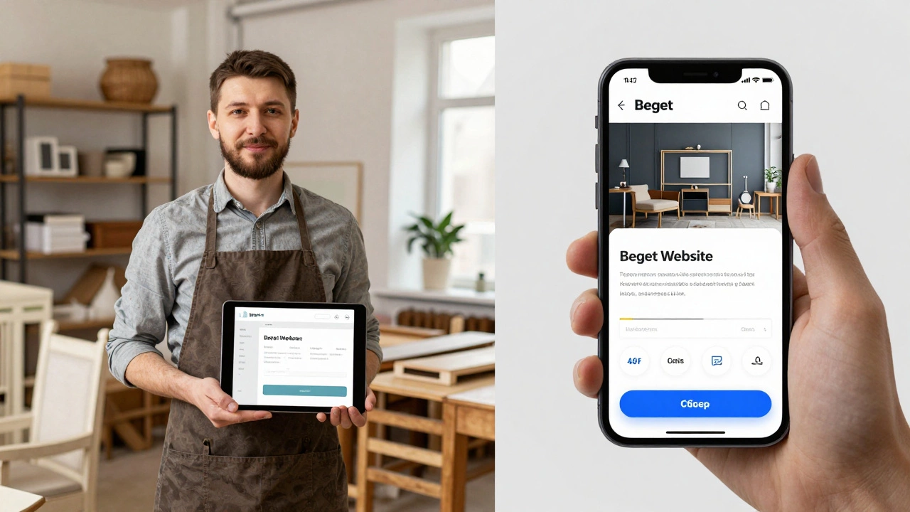 Владелец бизнеса в Казани смотрит на сайт Beget Website на планшете и смартфоне в своей мастерской.