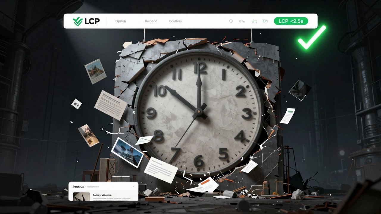 Здание сайта рушится под тяжестью медленных элементов, один угол стабилизирован зелёной меткой быстрой загрузки.