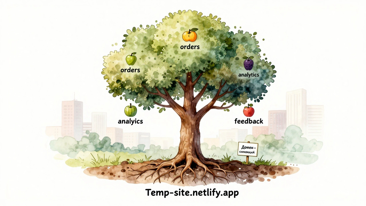 Дерево растет из цифровых корней, символизируя рост бизнеса без домена.