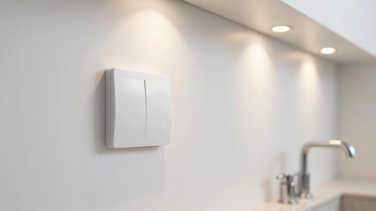 Деталь интерьера со скрытыми датчиками, глянцем и камнем.