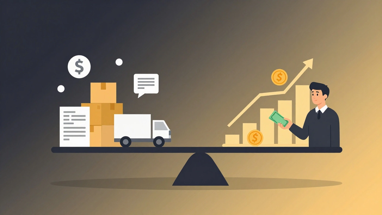 Финансовая весы: с одной стороны — расходы на запуск магазина, с другой — растущая прибыль и довольные клиенты.