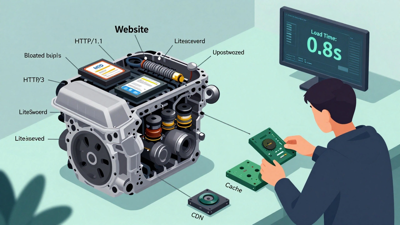 Обновление веб-сайта как автомобильного двигателя: замена старых компонентов на современные, включая SSD, HTTP/3 и кеширование.