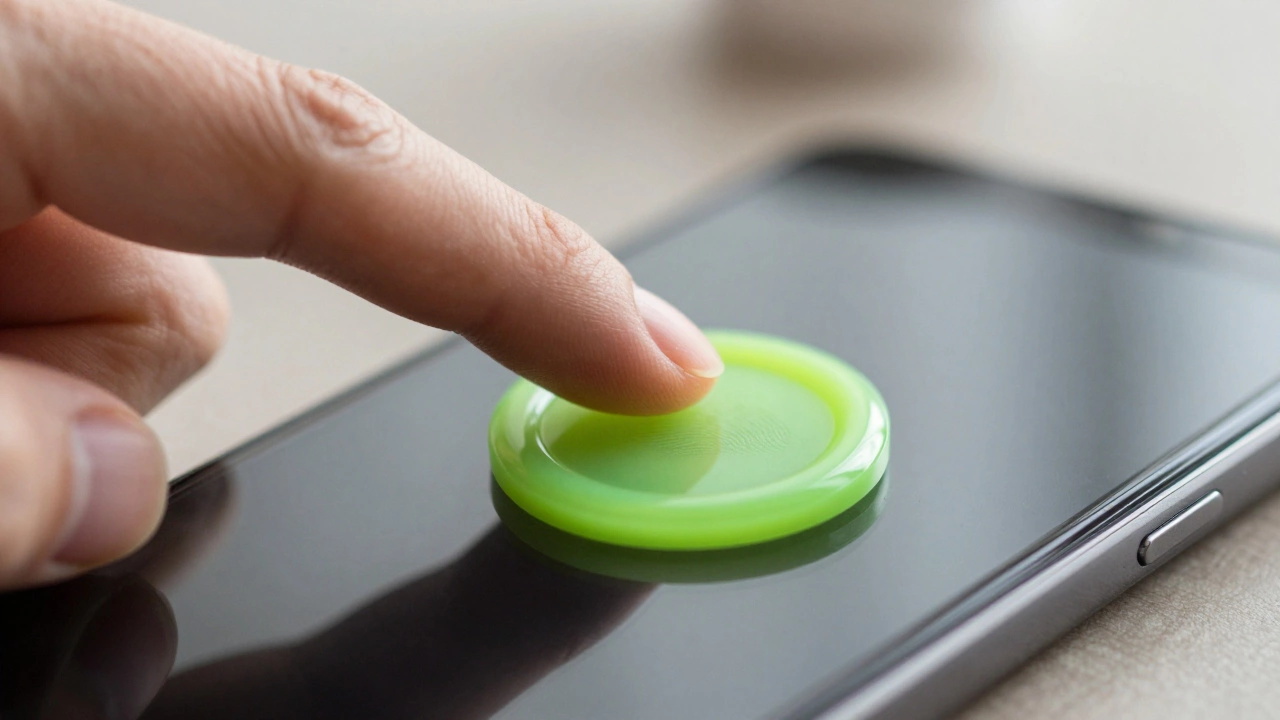 Палец нажимает яркую кнопку на смартфоне, макросъемка.