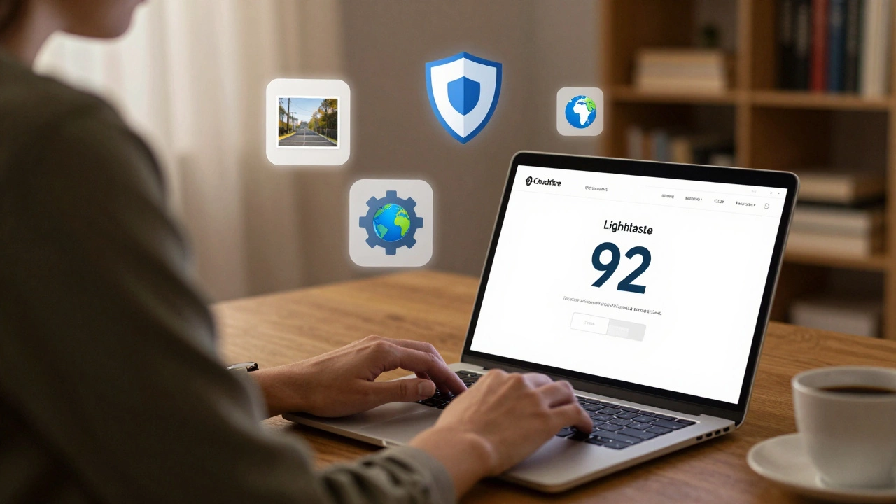 Пользователь в России открывает сайт, который мгновенно загружается, с визуализацией оптимизаций: CDN, кеш, WebP и Lighthouse-рейтинг 92.