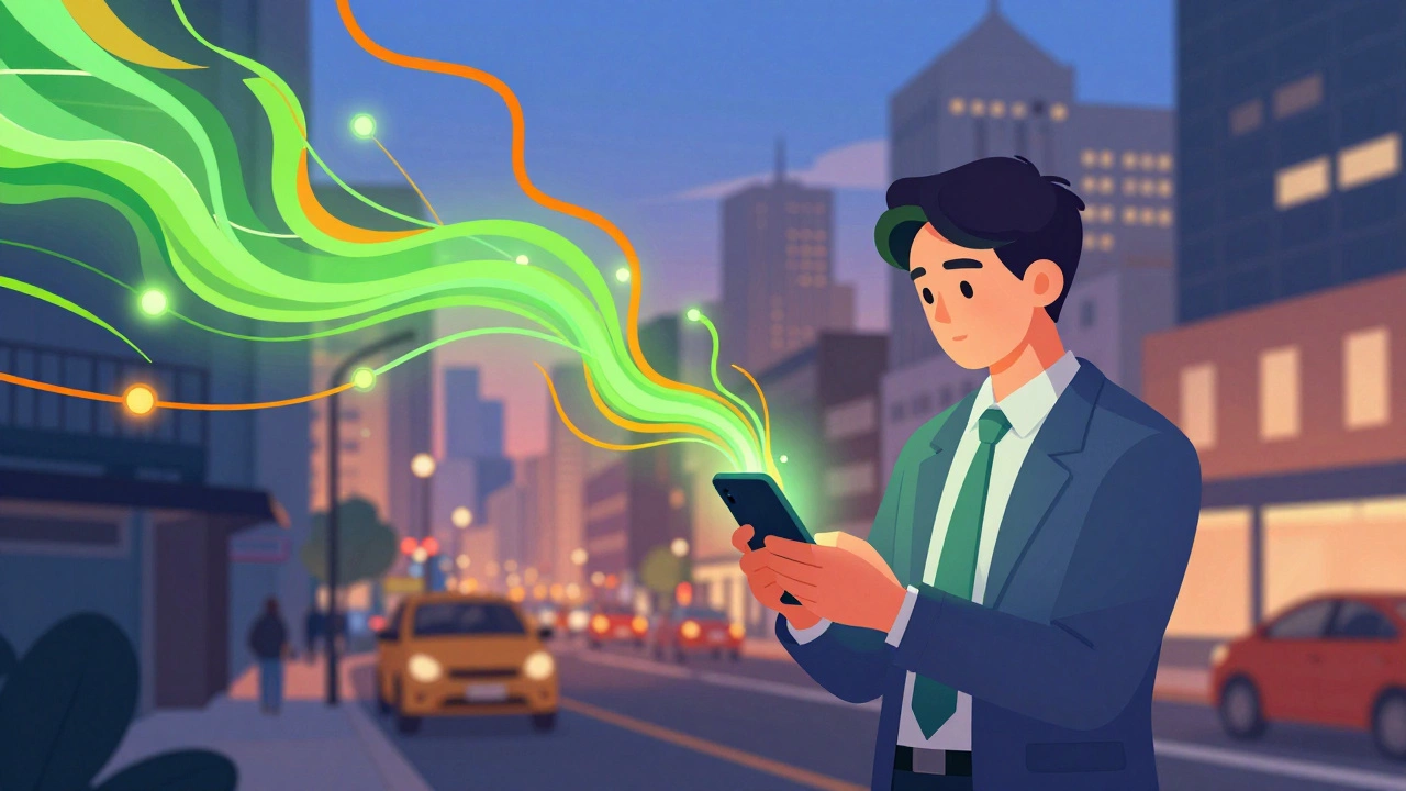 Профессионал с телефоном и неоновыми потоками данных