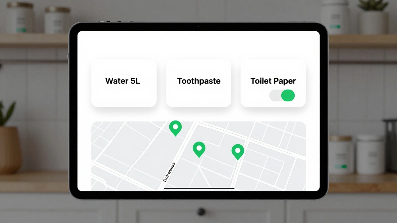 Простой интерфейс магазина с тремя кнопками: вода, паста, бумага.