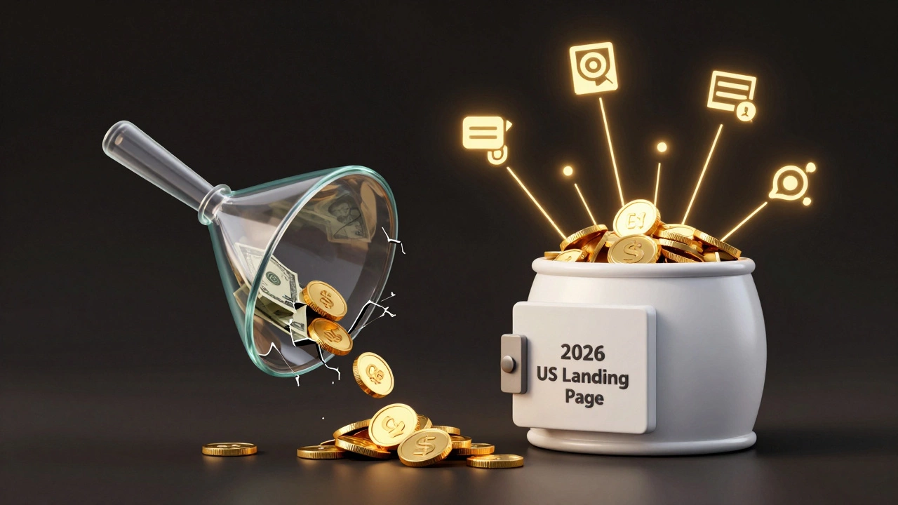 Протекающая воронка с деньгами слева и герметичная воронка с золотом справа — метафора дешевого и профессионального лендинга