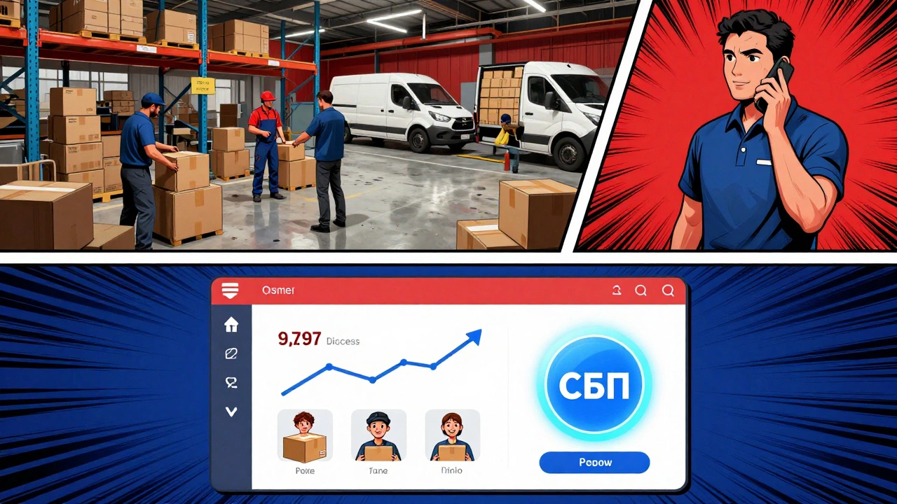 Разделенная сцена: хаос склада и доставки с одной стороны, успешный онлайн-бизнес с другой.
