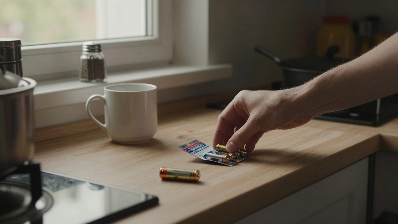 Рука кладет батарейки на кухонную стойку рядом с кофейной чашкой и солью.