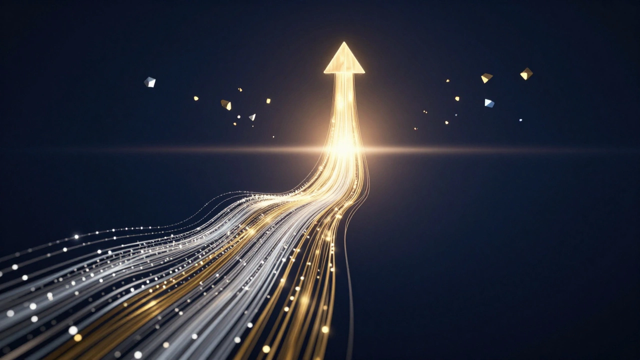 Светящиеся потоки данных сливаются в рост вверх, абстракция.