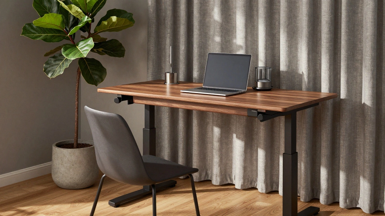 Уютный офис с деревом, растением и мягким естественным светом.