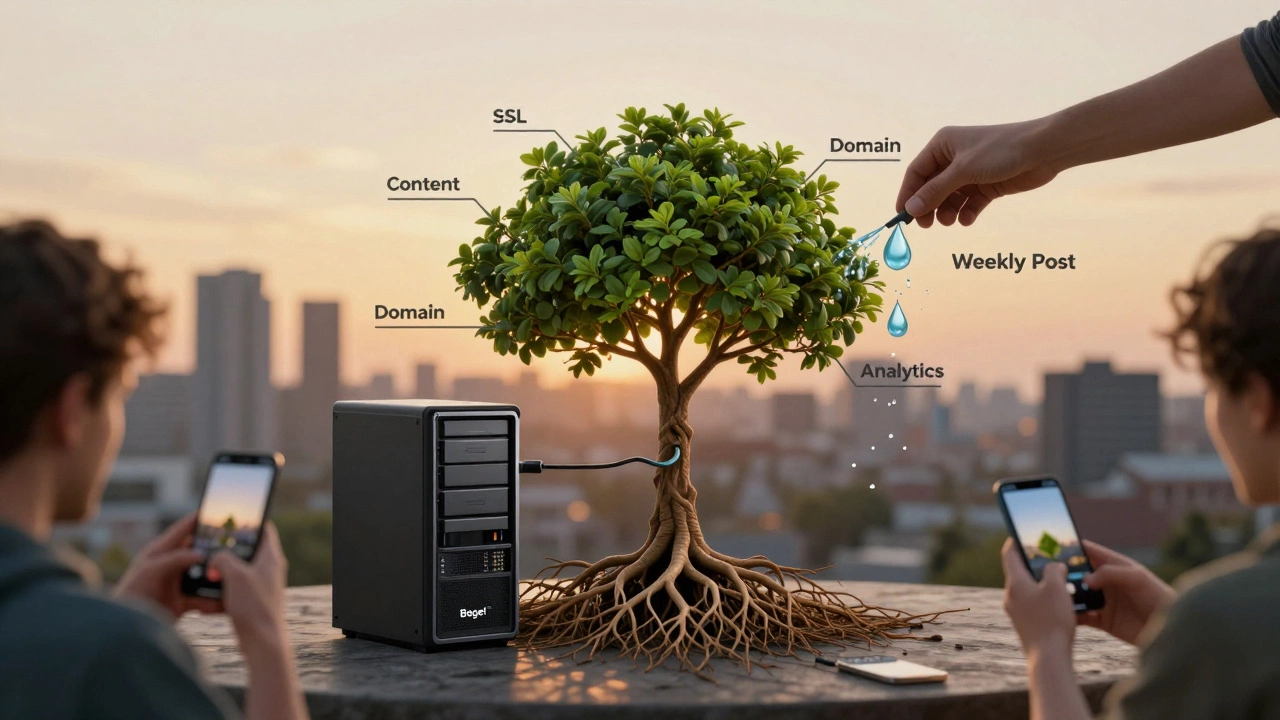 Веб-сайт как растущее дерево с корнями на российском хостинге и листьями-аналитикой