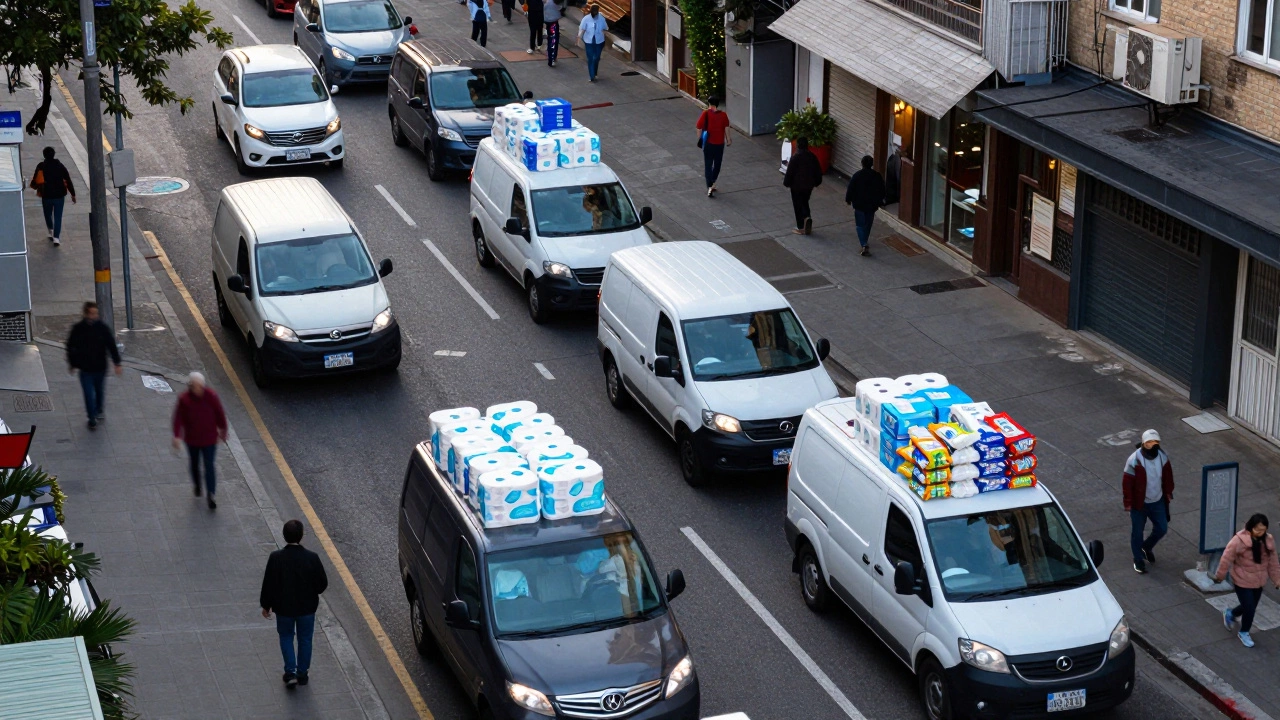 Вид с воздуха на городские улицы утром, где фургончики доставляют бытовые товары.