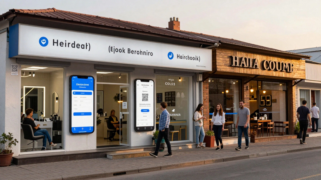 Жители Казани смотрят на сайты малого бизнеса на экранах телефонов, магазины на фоне с городскими зданиями