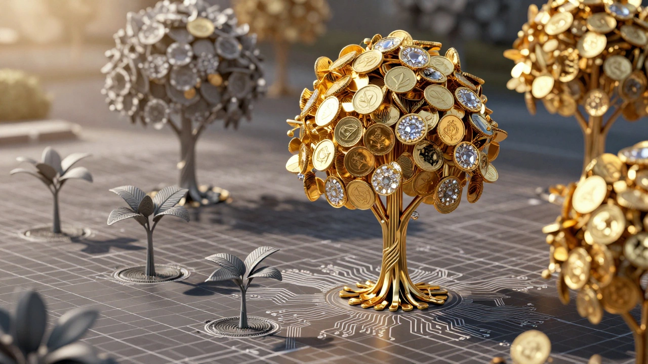 Золотые деревья из схем символизирующие рост прибыли