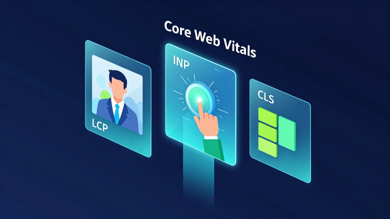 3D иллюстрация метрик Core Web Vitals: LCP, INP и CLS