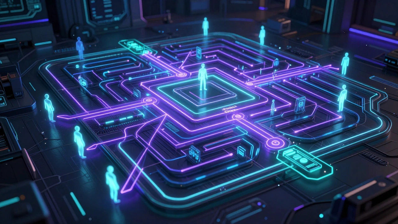 Футуристический цифровой лабиринт с неоновыми путями, представляющий анализ поведения пользователей