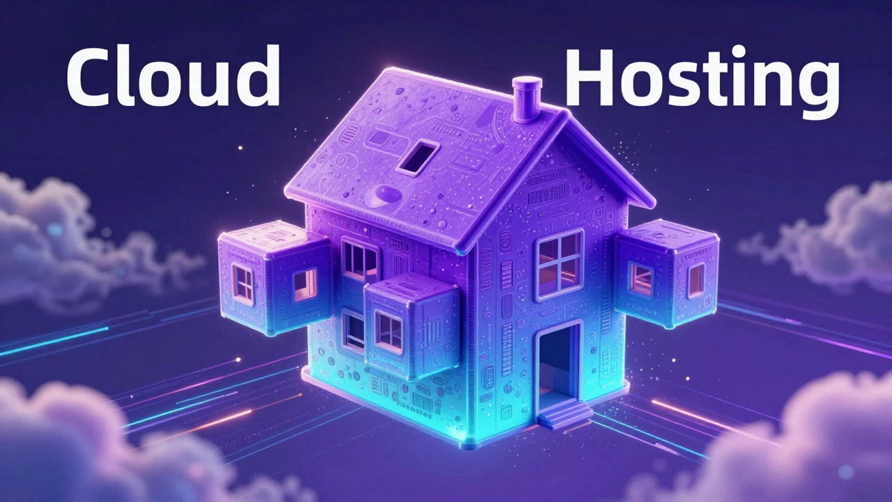 Футуристичный трансформирующийся дом в цифровых облаках, символизирующий облачный хостинг