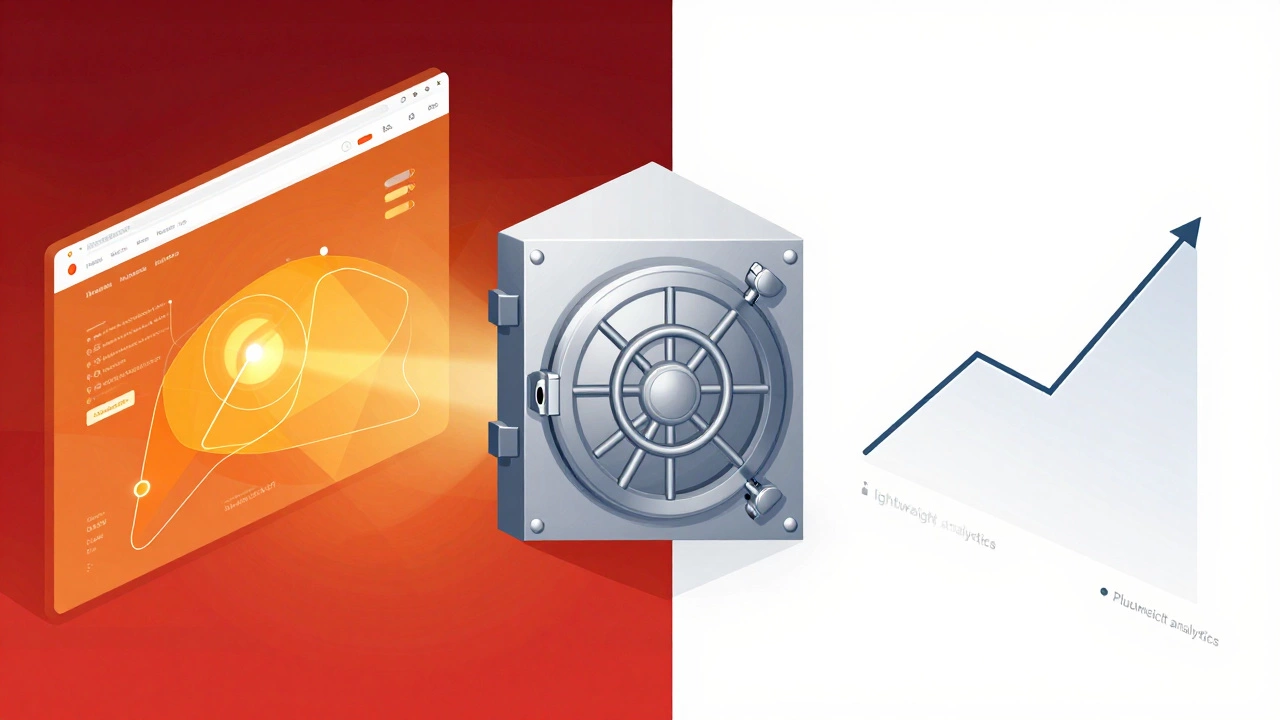 Коллаж из тепловой карты сайта, сейфа для данных и минималистичного графика посещаемости