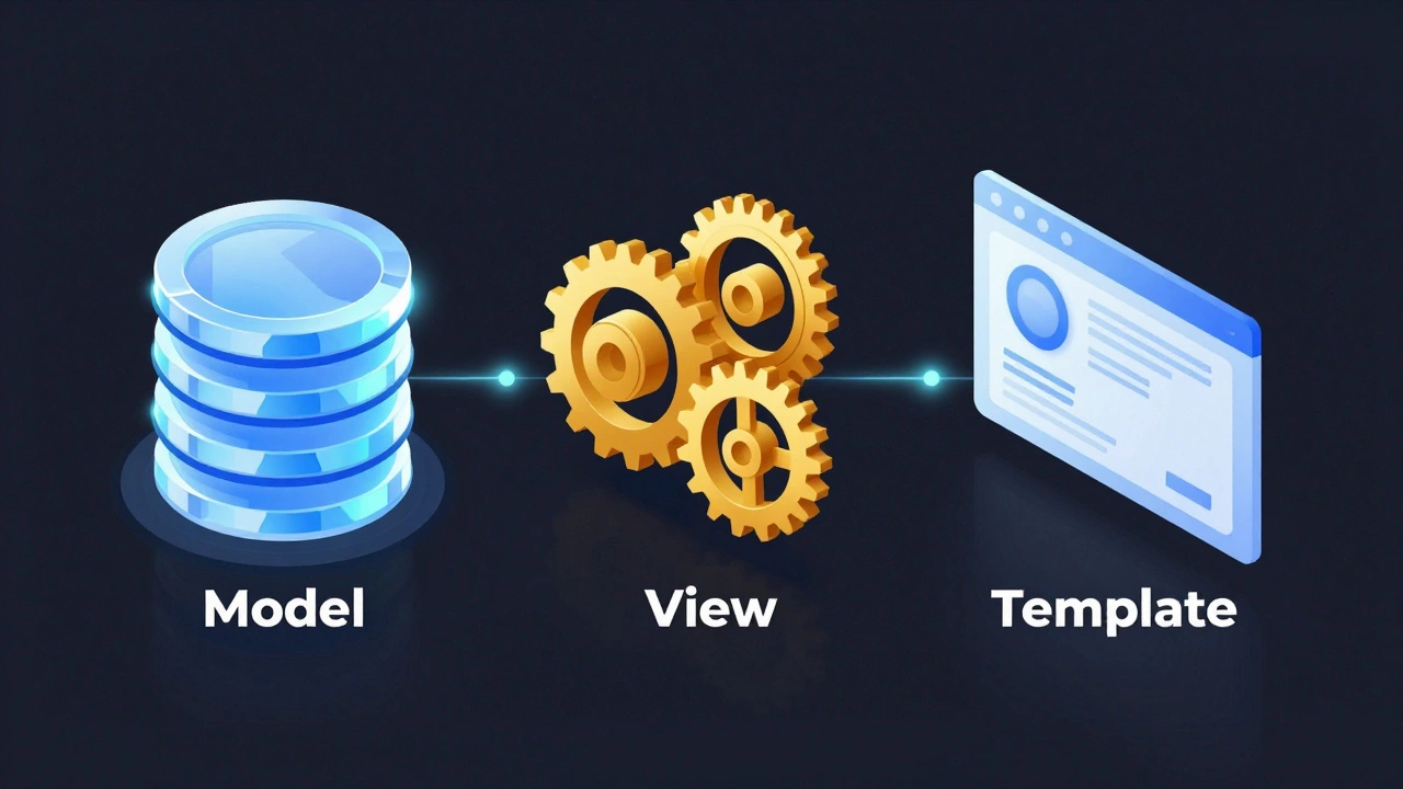 Концептуальная схема архитектуры Django MVT с моделями, представлениями и шаблонами
