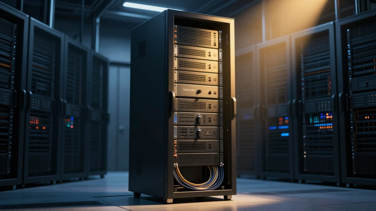 Мощный отдельный серверный шкаф в современном дата-центре