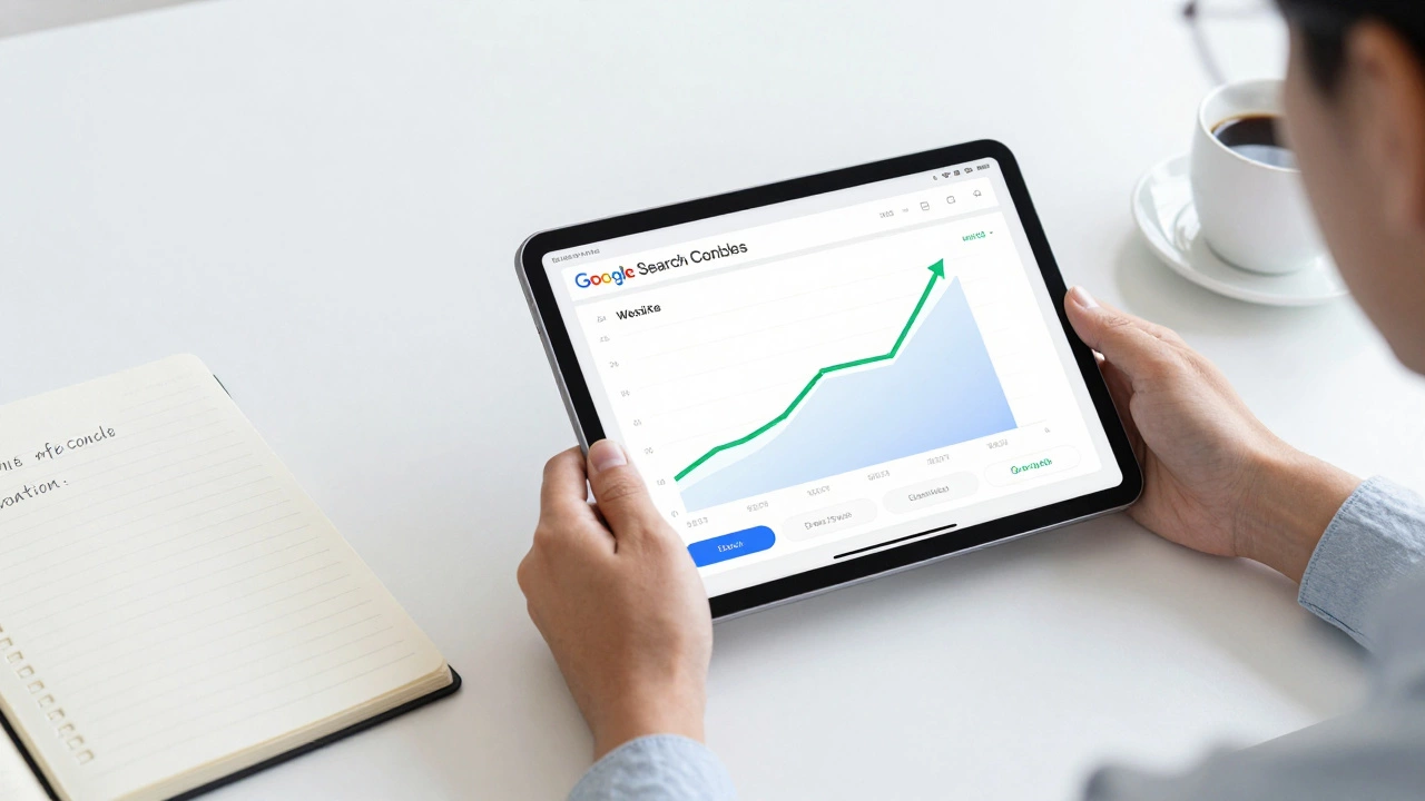Рабочее место с планшетом, отображающим графики роста посещаемости сайта