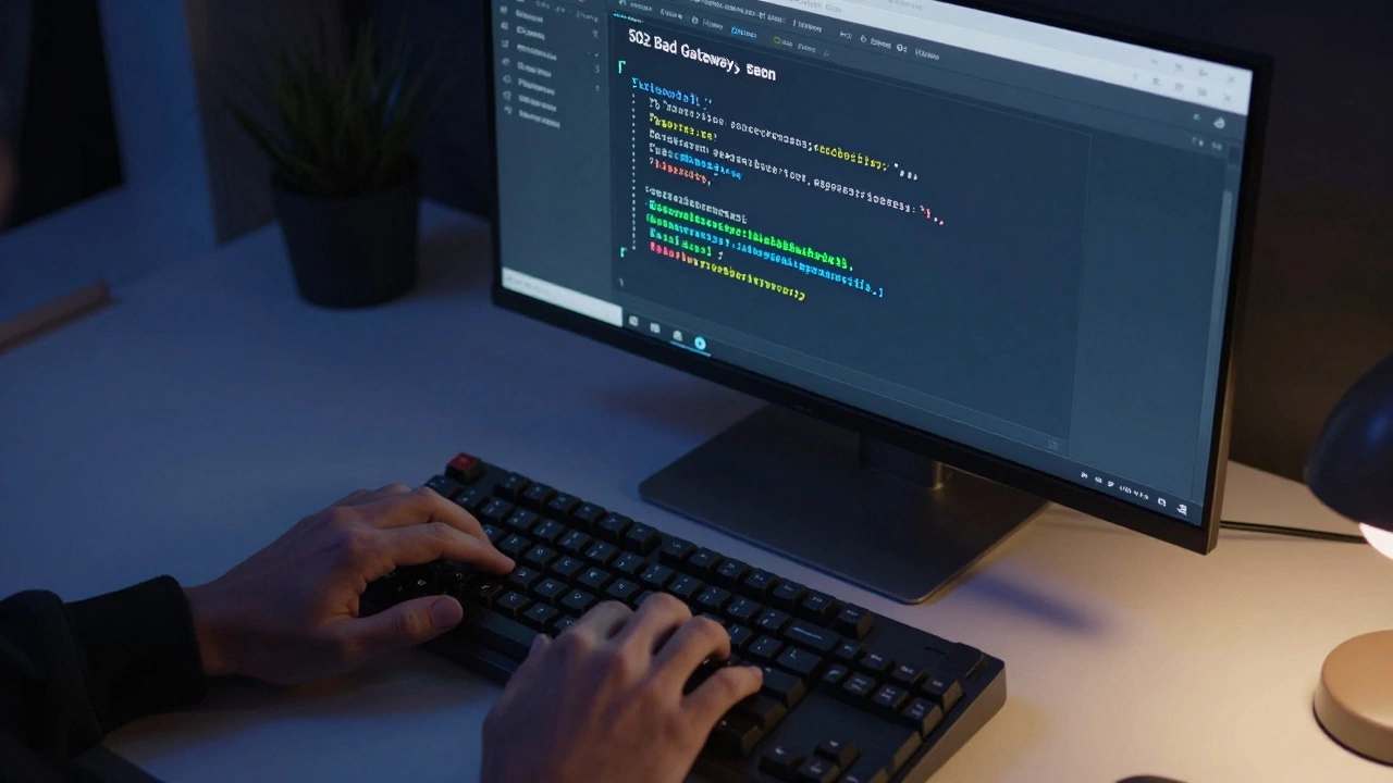 Руки программиста за клавиатурой, на экране ошибка сервера 502