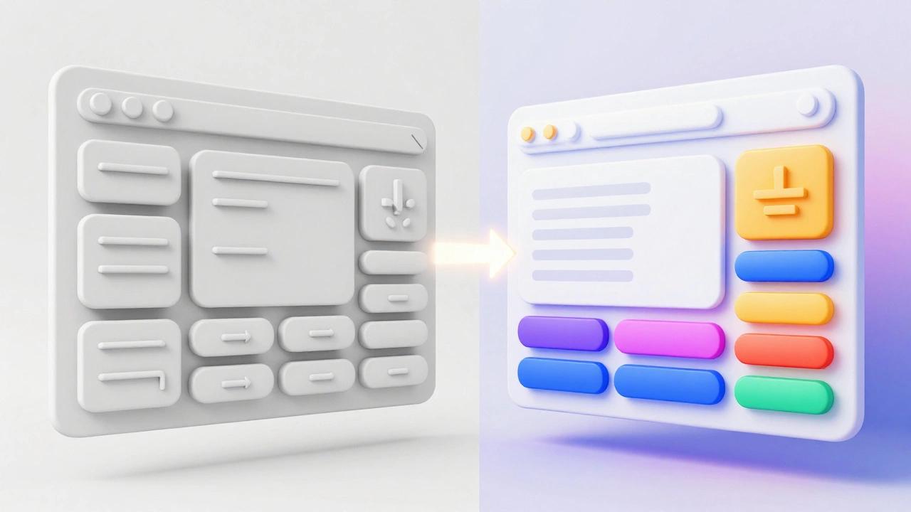 Сравнение черно-белого вайрфрейма и готового цветного интерфейса