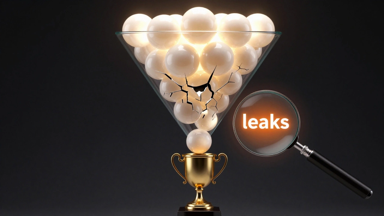 Стеклянная воронка продаж с утечками трафика и увеличительным стеклом анализа