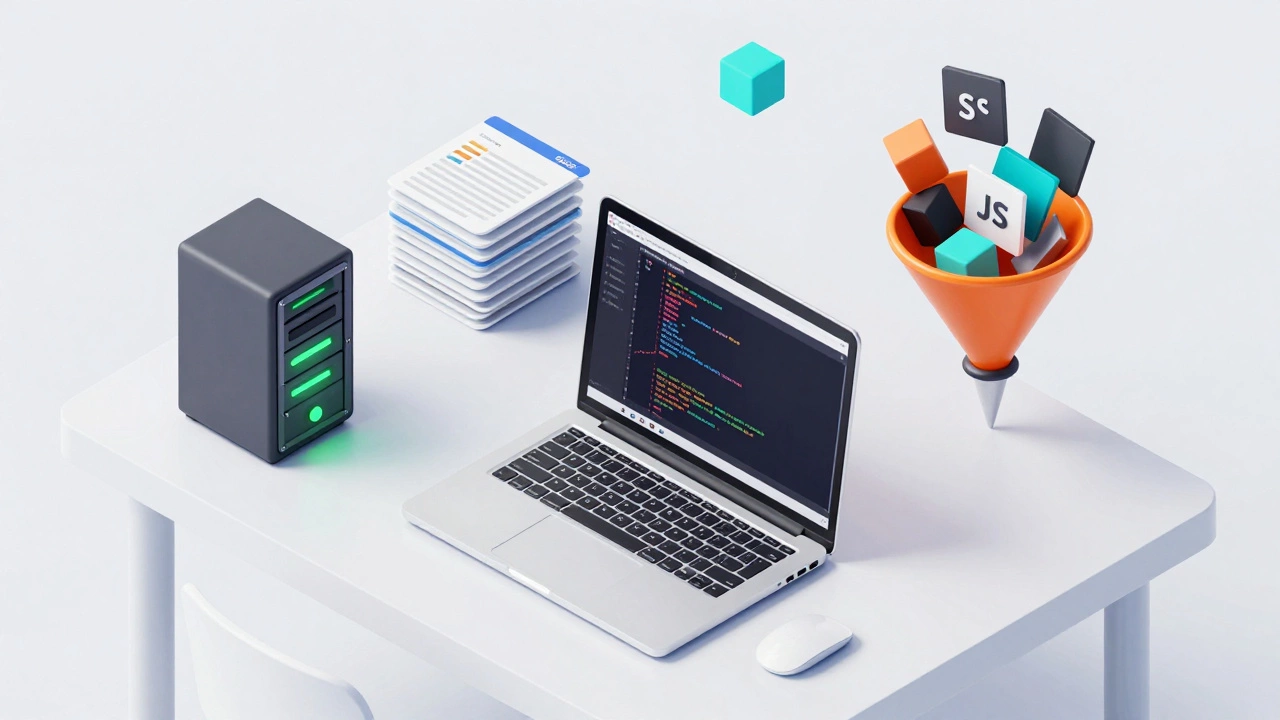 Изометрическая иллюстрация рабочего места разработчика с инструментами оптимизации