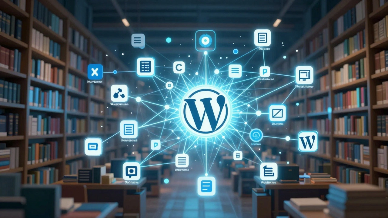 Концептуальная иллюстрация экосистемы WordPress с плагином и сервером