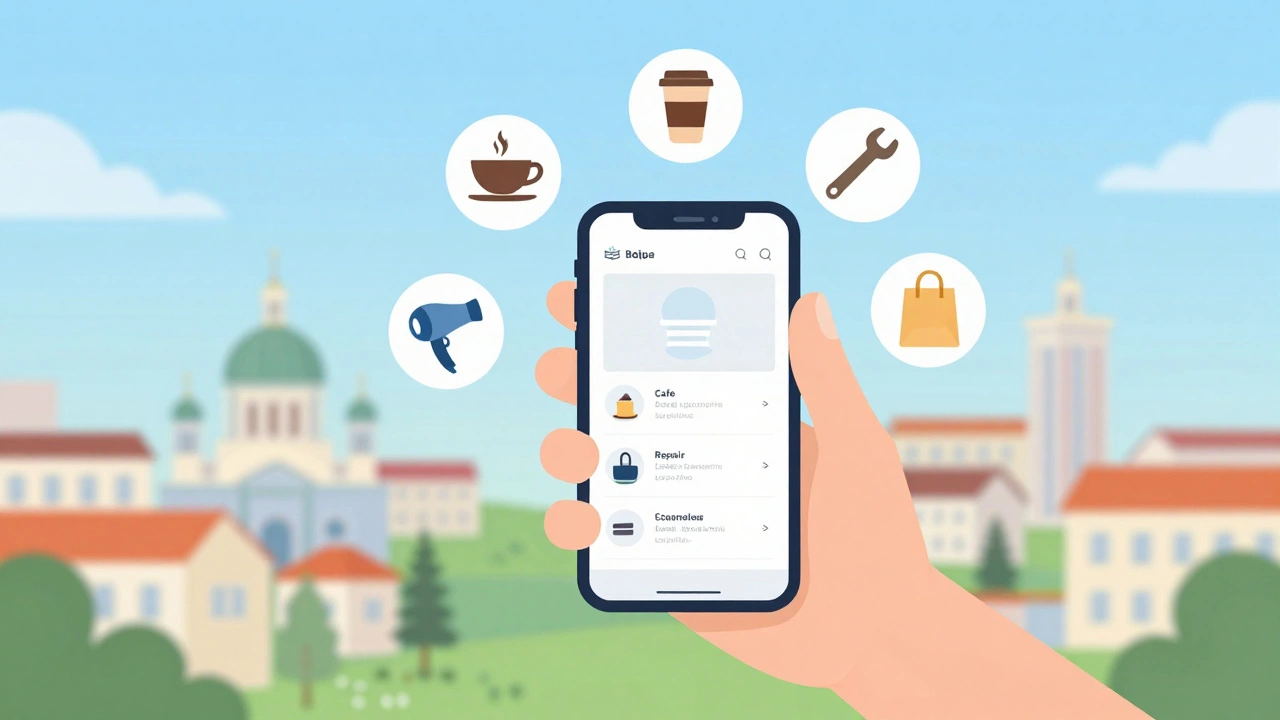 Смартфон с сайтом для малого бизнеса и иконки услуг