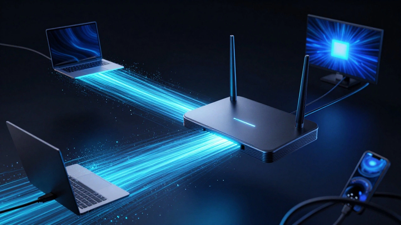 Концептуальное изображение быстрого роутера Wi-Fi 6 и потока данных