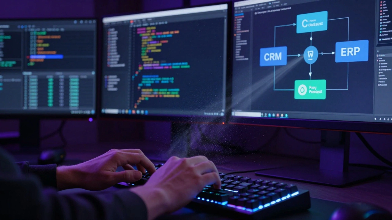 Разработчик пишет код для сложной интеграции систем электронной коммерции