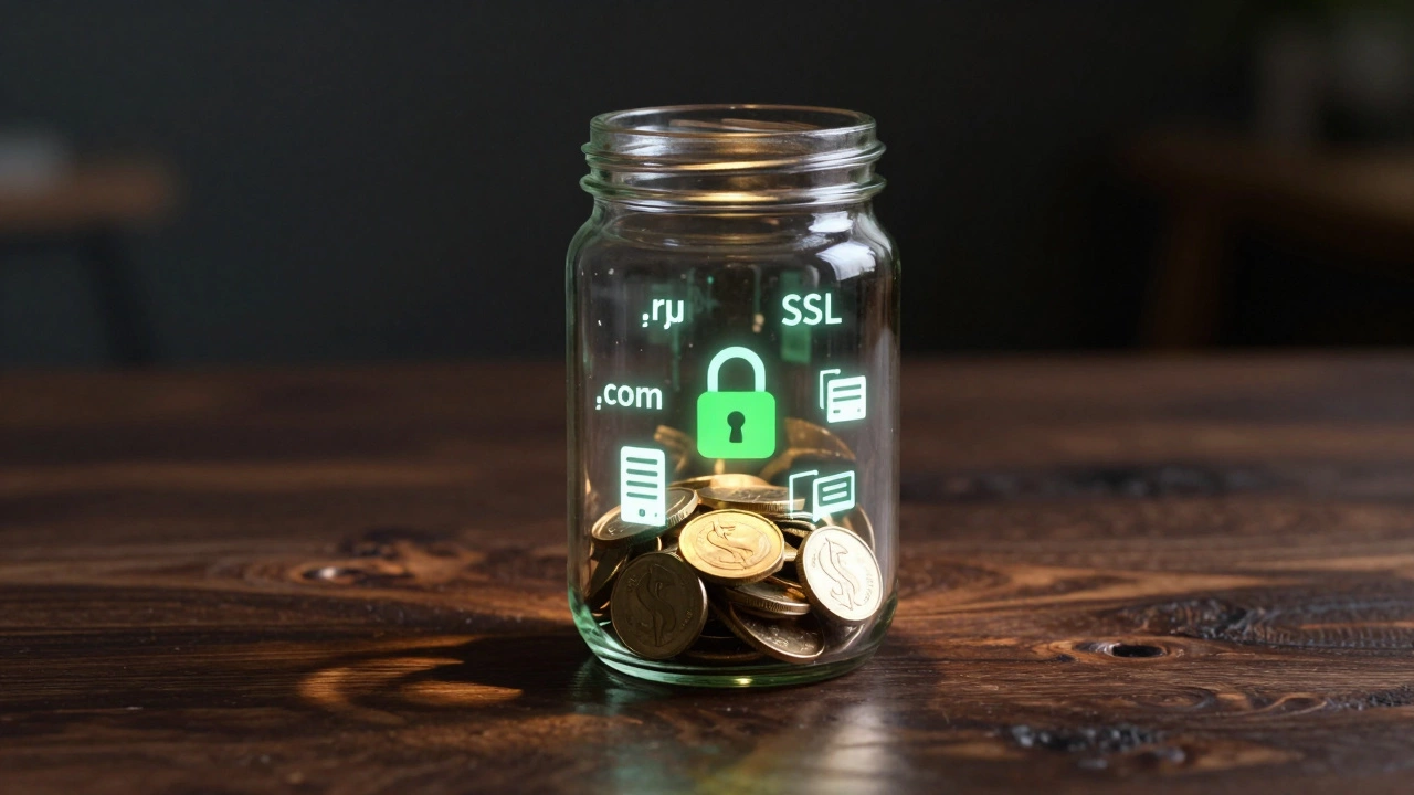 Стеклянная банка с иконками скрытых расходов: домен, хостинг, SSL-сертификат и поддержка