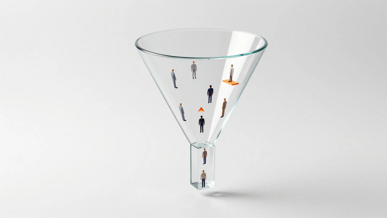 3D glass funnel with figures illustrating user drop-off points in a sales process