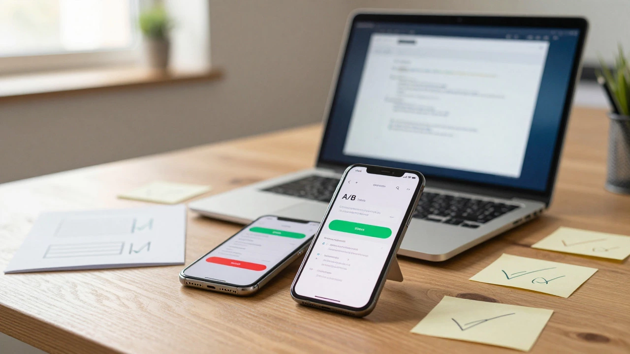 Smartphone and laptop on a desk showing abstract interface comparisons for testing