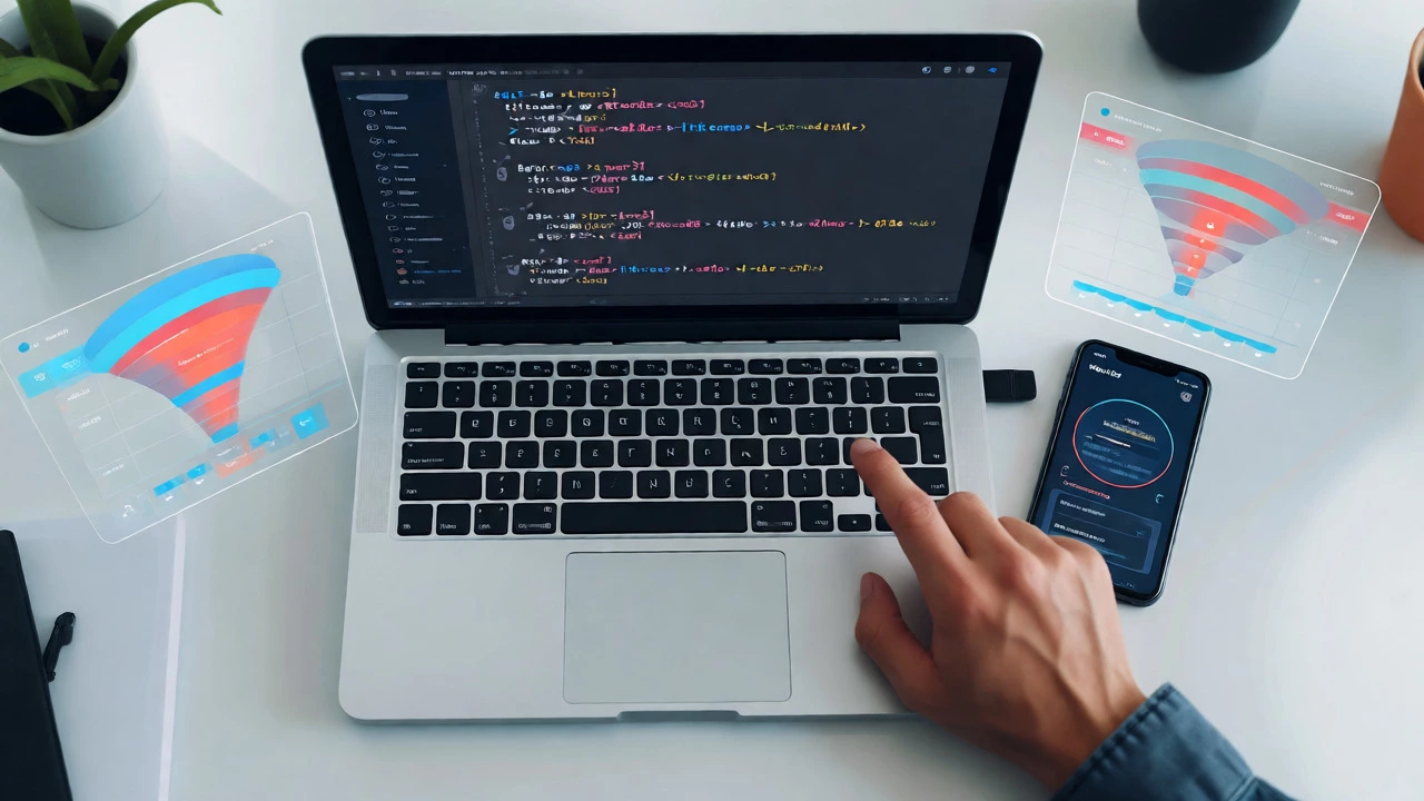 Разработчик проверяет код аналитики на ноутбуке и телефоне